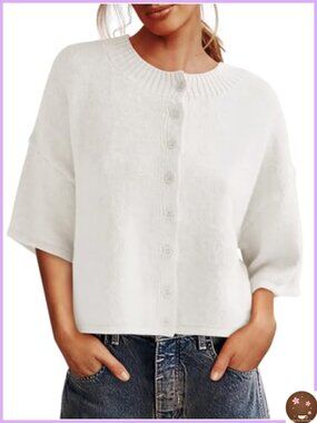 Saodimallsu Women's 3/4 Sleeve Button Down Cropped Knit Cardigan Sweater